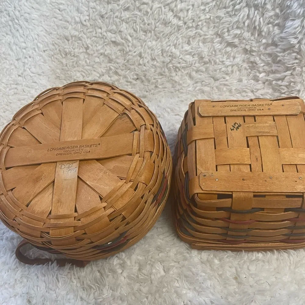 Longaberger 1995 set of two Handcrafted round and Square Woven baskets .